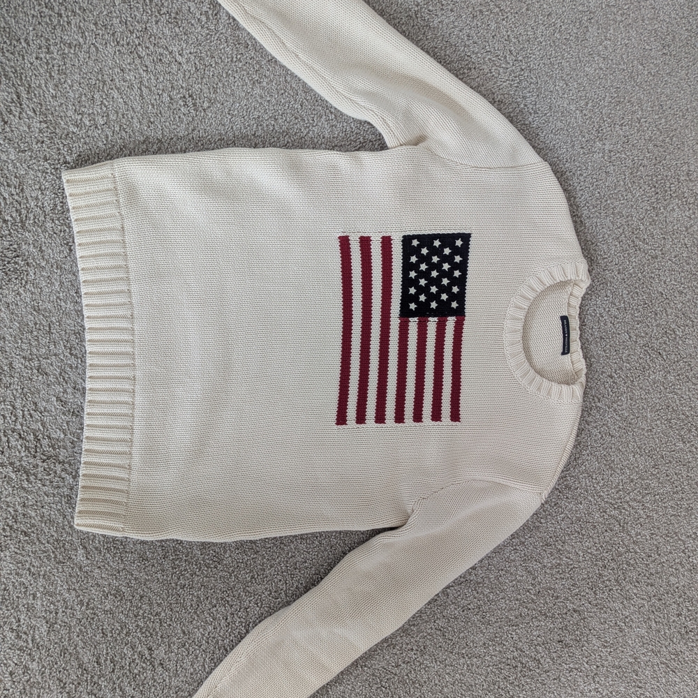 Brandy Melville Cream Crewneck Sweater with Red & Navy Flag